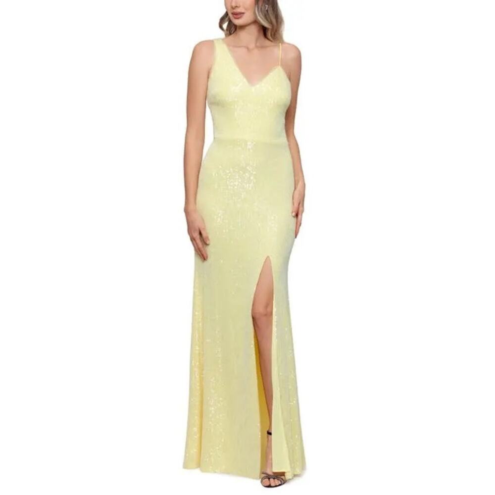 Xscape Yellow Sequined Asymmetric Neck Slit Sleeveless V-Neck Formal Gown Size 6